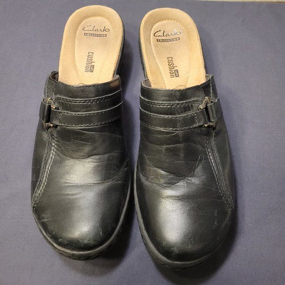 CLARK WOMENS BLACK LEATHER SLIP ON CLOGS - GREAT CONDITION - Picture 3 of 8